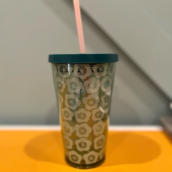 Starbucks New Grande Green Floral Cold Tumbler Cup 16oz Spring 2018 Pink Straw - Picture 2 of 4